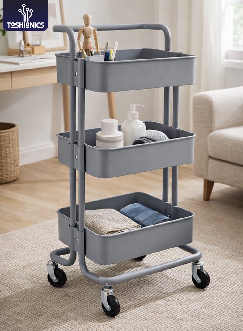 Toshionics 3-Tier Metal Mesh Rolling Utility Cart with Handle & Wheels | Multipurpose Storage Organizer Rack for Kitchen, Bathroom, Office, Home | Mobile Shelving Unit, Space-Saving Storage Trolley (33.5 x 17.5 x 14.5 in) - Image 1